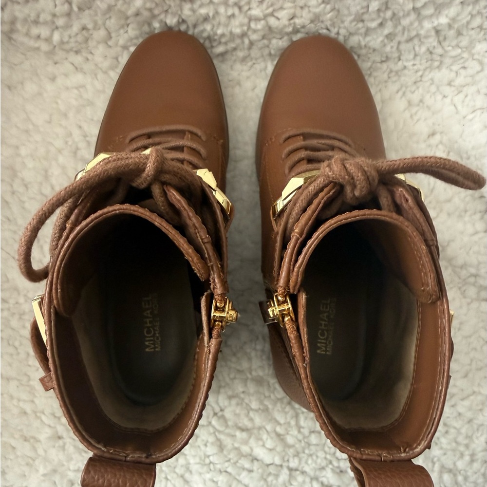 Michael Kors Brown Lace-Up MK Logo Combat Boots - Picture 5 of 8